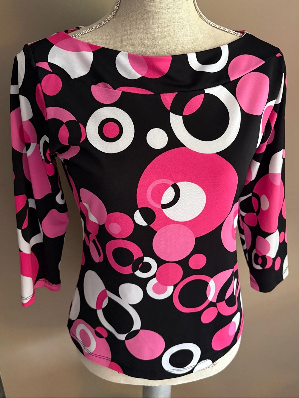Vintage Vol 1 Y2K Pink Pattern BoatNeck Top 3/4 Sleeve Mod Geometric Retro Small